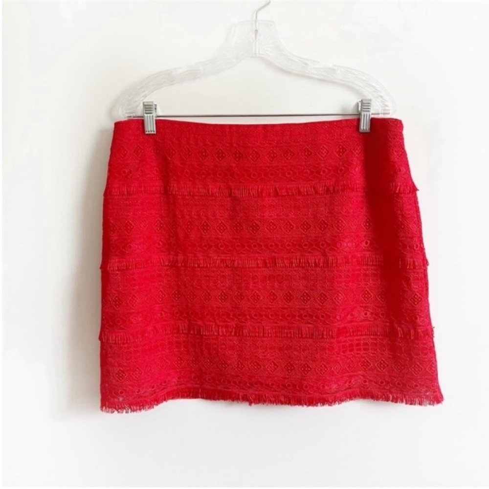 J. Crew Factory mini skirt red fringe lace geometric zipper tiered - Picture 2 of 7